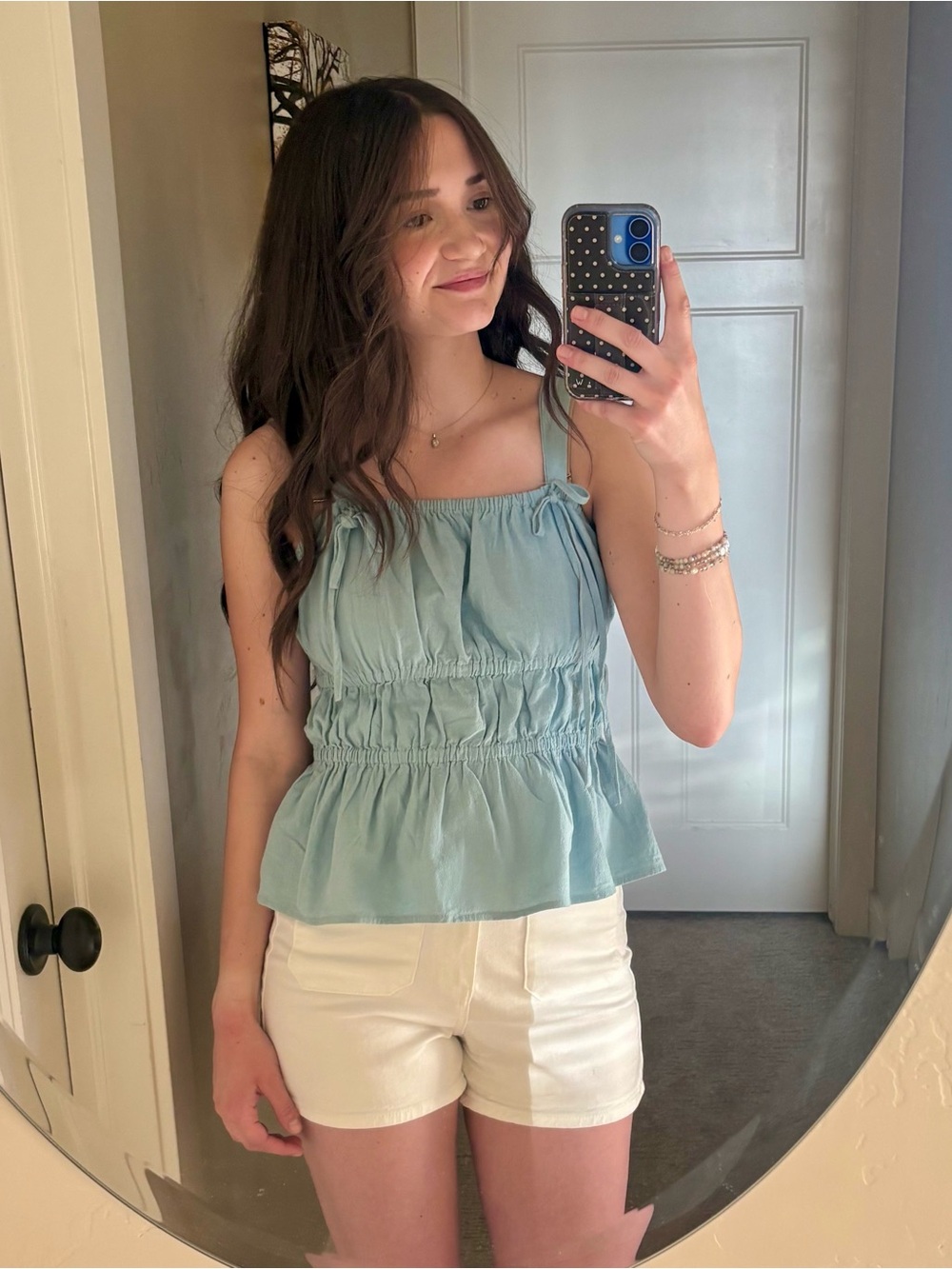Light Blue Smocked Peplum Cami Tank - Women